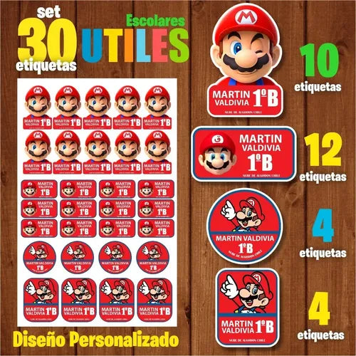 Etiquetas Para Marcar Ropa Y Utiles Escolares Mario Bros Rojo Unica