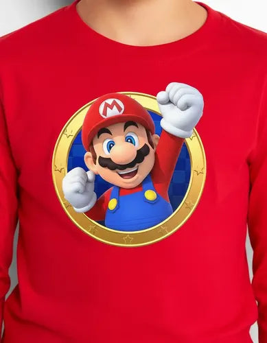 Polera Manga Larga Algodón Niños Mario Bros Puño