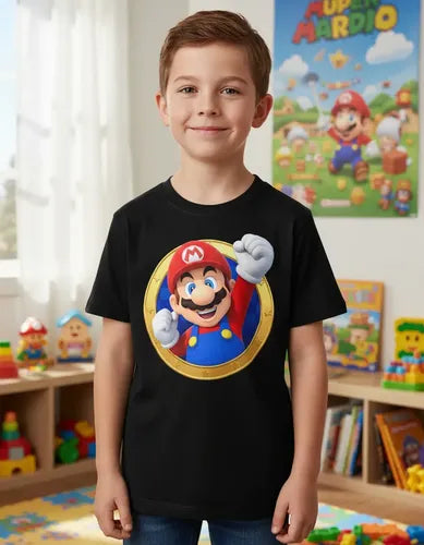 Polera Color Algodón 100% Niños Mario Bros Puño