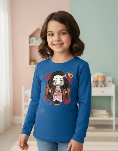 Polera Manga Larga Algodón Niñas Nezuko Demon Slayer