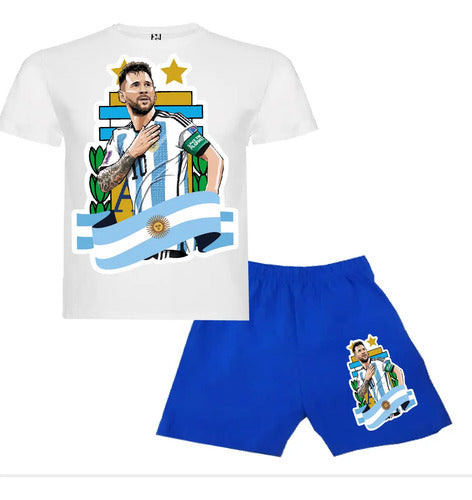 Pijama Corto Niñoss Algodon Messi Campeón Mundo 2 Estrellas