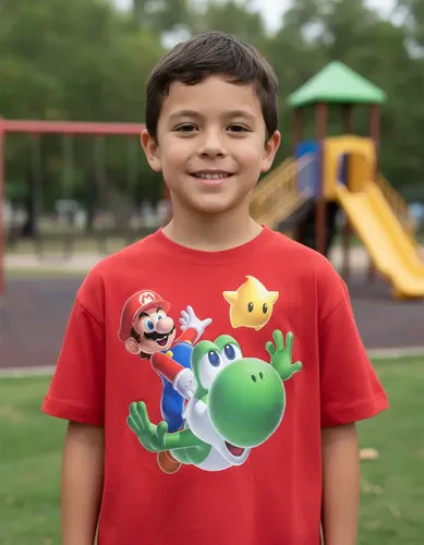 Polera Color Algodón 100% Niños Mario Bros Yoshi Estrella