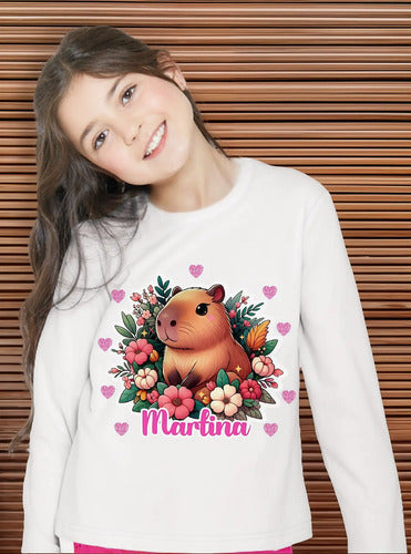 Polera Larga Capibara Personalizada Niñas Algodón Flores