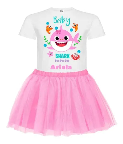 Conjunto Baby Shark Niña Polera Tutu Cumpleaños Disfraz