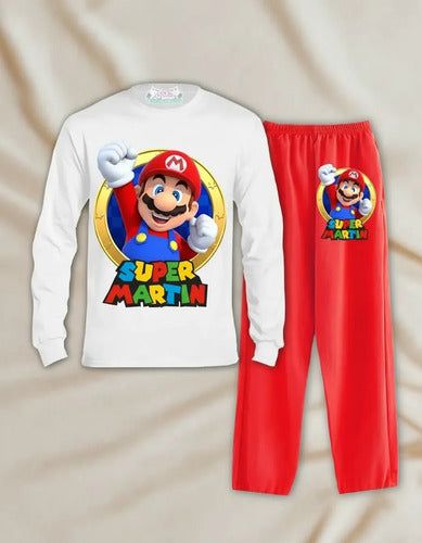 Pijama Largo Mario Bros 1 Personalizado 100% Algodón Niños