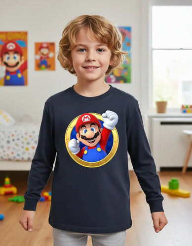 Polera Manga Larga Algodón Niños Mario Bros Puño