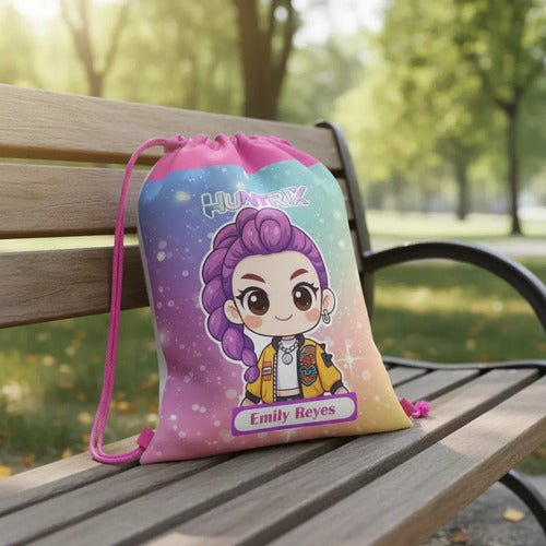 Mochila Morral Rumi Huntrix Bolsa Colegio Personalizada Fucsia Estampado