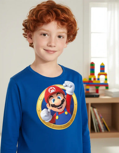 Polera Manga Larga Algodón Niños Mario Bros Puño