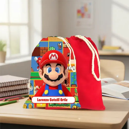 Bolsa Colación Jardín Infantil Mario Bros  Personalizada Rojo