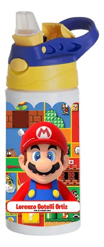 Botella Agua Colegio Mario Bros Personalizada Niños Blanco
