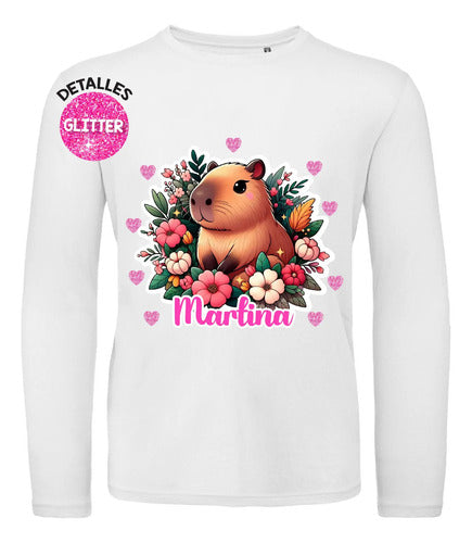 Polera Larga Capibara Personalizada Niñas Algodón Flores