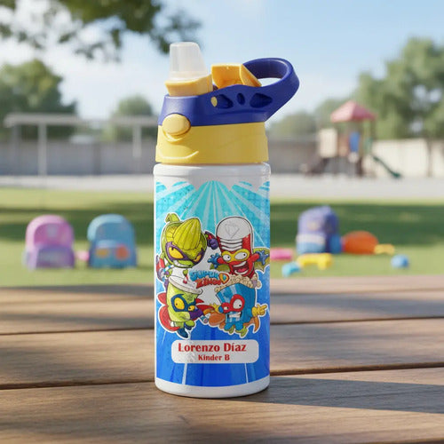 Botella Agua Colegio Super Zing Personalizada Niños Blanco