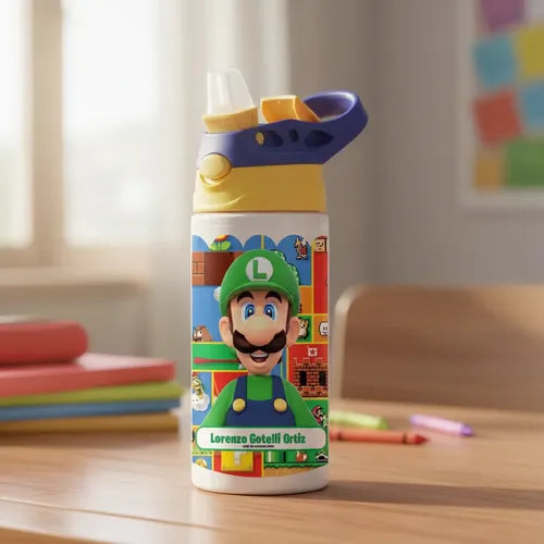 Botella Agua Colegio Luigi Bros Personalizada Niños Blanco