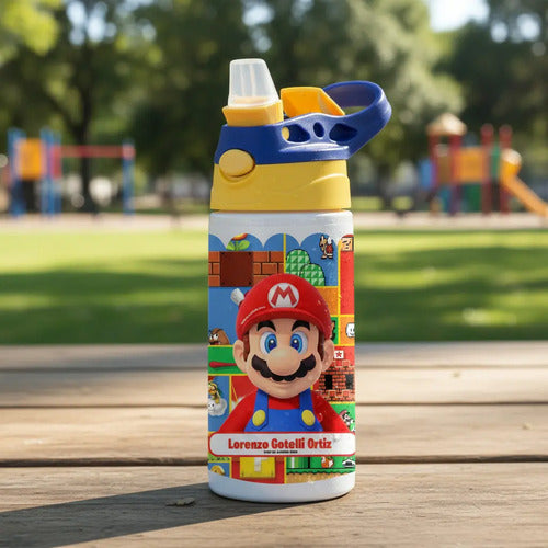 Botella Agua Colegio Mario Bros Personalizada Niños Blanco