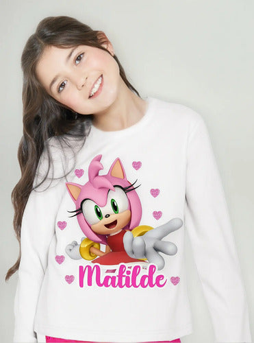 Polera Larga Amy Rose Sonic Personalizada Niñas Algodón
