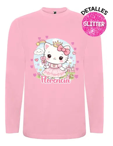 Polera Gatita Unicornio Kawai Personalizada Niña Manga Larga
