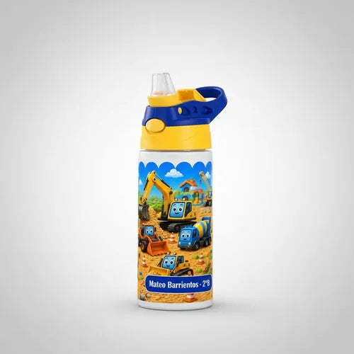 Botella De Agua Para Niños Personalizada Construcción Niños Blanco