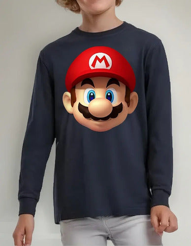 Polera Manga Larga Algodón Niños Mario Bros Cara