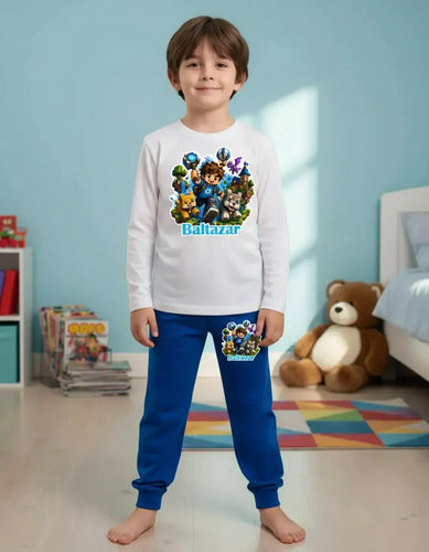 Pijama Niño Algodón Manga Larga Personalizado Video Juegos Azul Bloques Niños Aventura 7-8