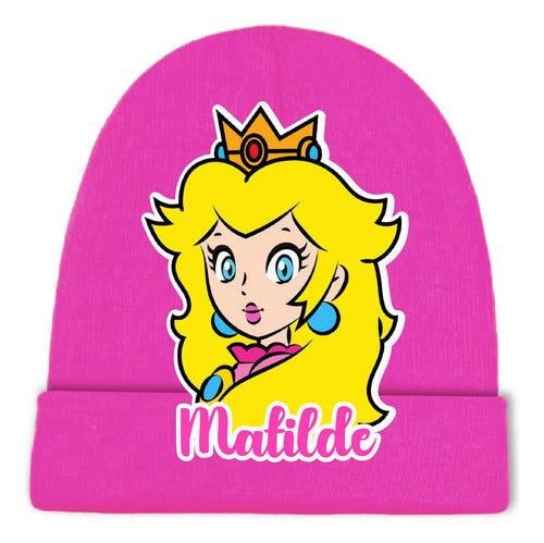 Gorro Lana Princesa Peach Mario Bros Personalizado Niñas D1 Rosa Talla Niñas