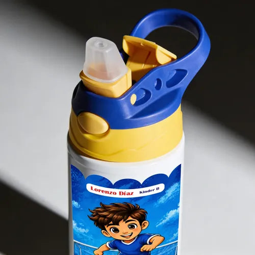 Botella Agua Niño Térmica Escolar Personalizada Futbol Blanco