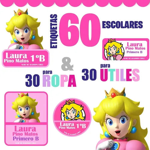Etiquetas Para Marcar Ropa Y Utiles Escolares Princesa Peach Fucsia