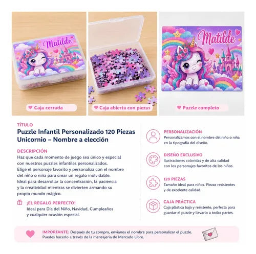 Puzzle Rompecabezas Personalizado Unicornio Kawaii Nombre