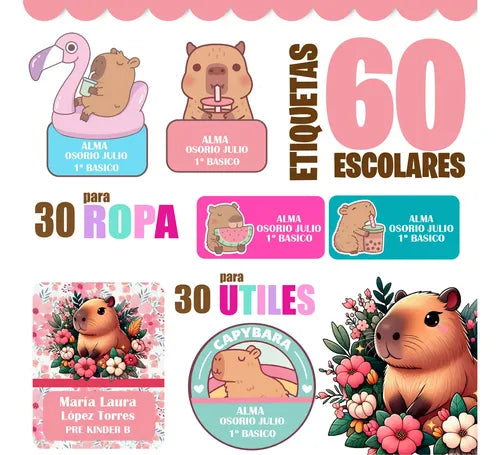 Etiquetas Escolares Personalizadas Capibara Niña Utile Ropa
