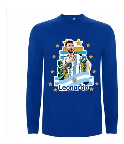 Polera Messi Futbol Personalizada Niños Manga Larga Algodón