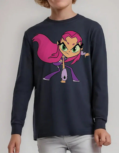 Polera Manga Larga Algodón Niñas Starfire Titanes