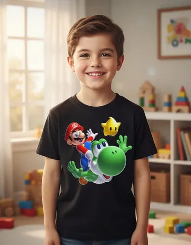 Polera Color Algodón 100% Niños Mario Bros Yoshi Estrella