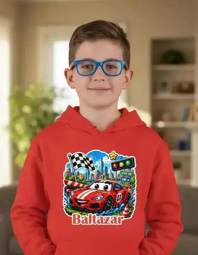Polerón Canguro Auto Car Rojo Carreras Niños Personalizado