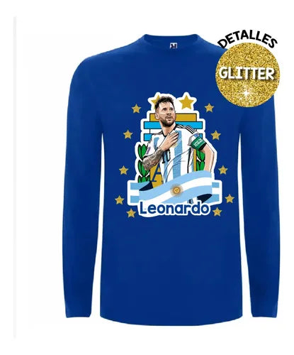 Polera Messi Futbol Personalizada Niños Manga Larga Algodón