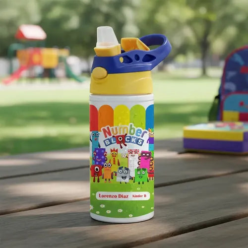 Botella Agua Colegio Number Blocks Personalizada Niños Blanco