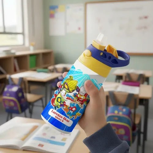 Botella Agua Colegio Super Zing Personalizada Niños Blanco