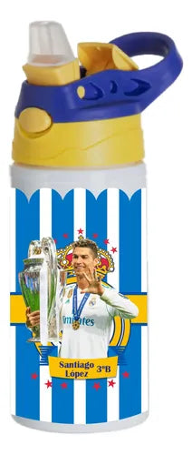 Botella Agua Colegio Ronaldo Futbol Personalizada Niños Blanco