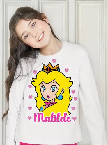 Polera Larga Princesa Peach Personalizada Niñas Algodón