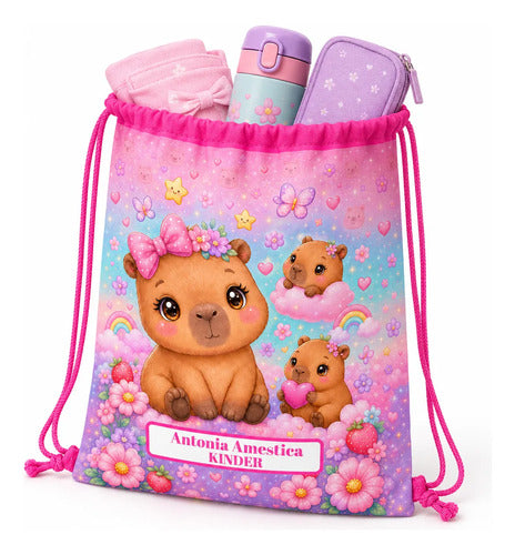 Mochila Bolsa Tela Jardin Infantil Colegio Capibara Niña 2 Fucsia Estampado