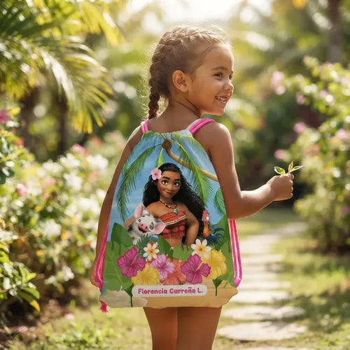 Mochila Morral Moana Personalizada Bolsa Tela Colegio Niña Fucsia Estampado