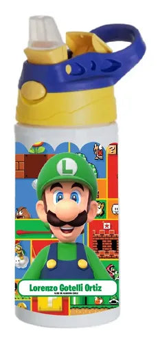 Botella Agua Colegio Luigi Bros Personalizada Niños Blanco