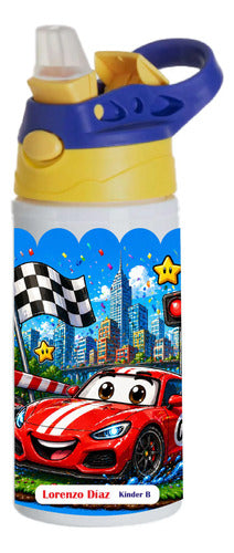 Botella Agua Niño Térmica Escolar Personalizada Auto Car Roj Blanco