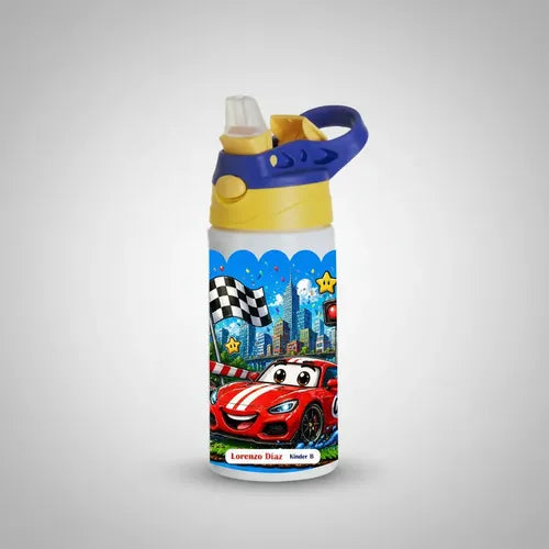 Botella Agua Niño Térmica Escolar Personalizada Auto Car Roj Blanco