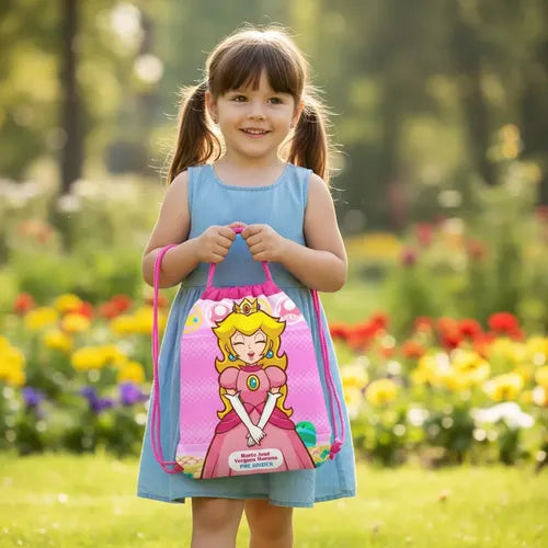 Mochila Morral Princesa Peach Personalizada Bolsa Tela Fucsia Estampado