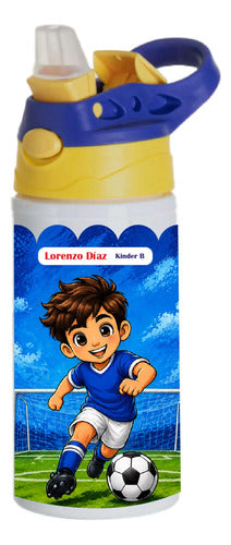 Botella Agua Niño Térmica Escolar Personalizada Futbol Blanco