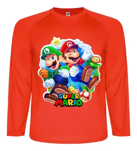 Polera Mario Bros Manga Larga Personalizada Niños Algodon