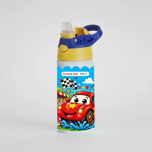 Botella Agua Niño Térmica Escolar Personalizada Auto Car 2 Blanco