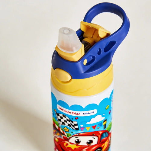 Botella Agua Niño Térmica Escolar Personalizada Auto Car 2 Blanco