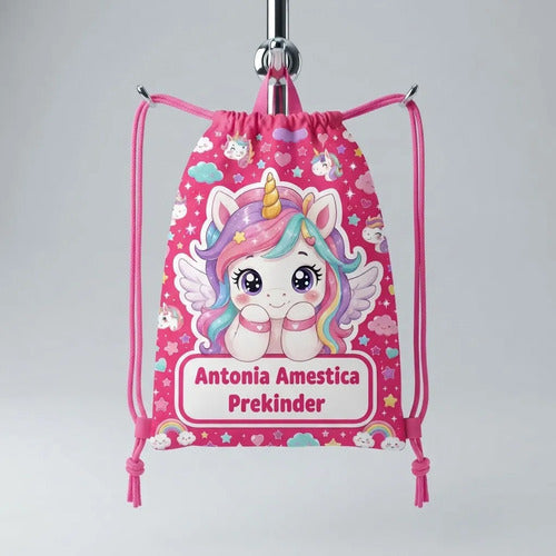 Mochila Morral Tela Unicornio Personalizada Colegio Jardin Fucsia Estampado