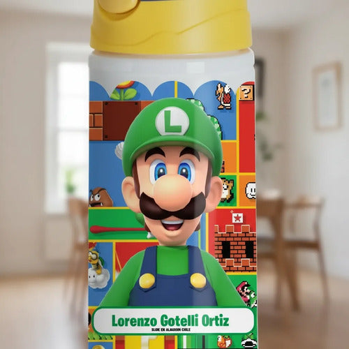 Botella Agua Colegio Luigi Bros Personalizada Niños Blanco