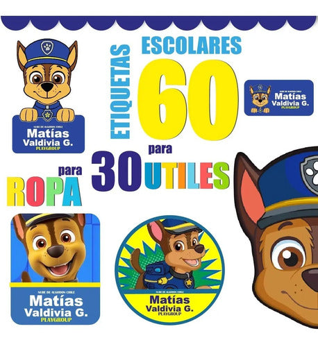 Etiquetas Marcar Ropa Y Utiles Escolares Chase Paw Patrol